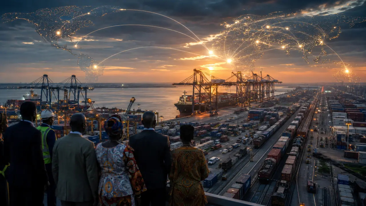 Photographie de presse montrant un grand port africain et ses infrastructures logistiques