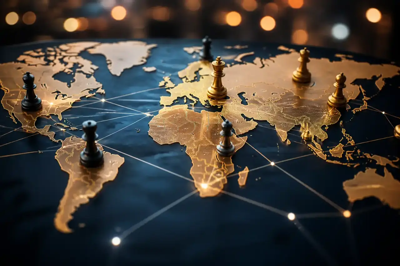 Carte du monde projetée dans une salle de crise diplomatique, routes maritimes et corridors énergétiques illuminés