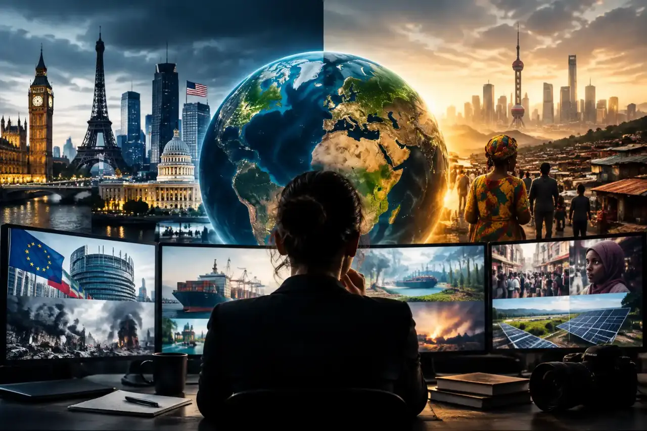 Journalistes et écrans présentant des informations venues de différentes régions du monde