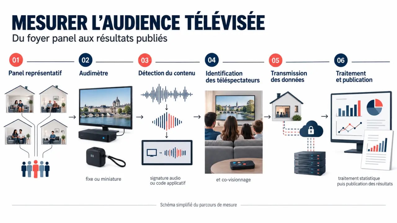 Schéma expliquant comment sont mesurées les audiences de la télévision, du panel à la publication des résultats