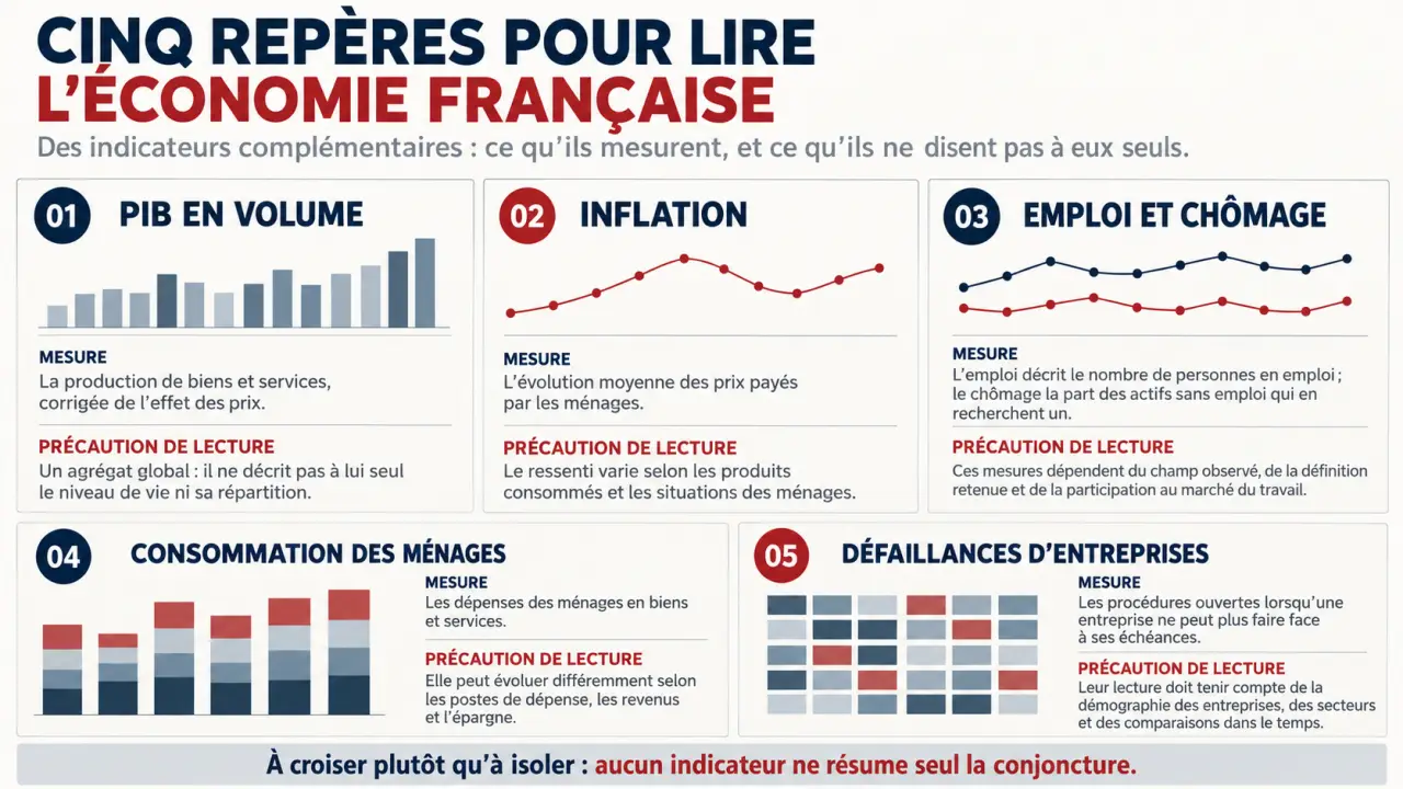 Infographie sur l’actualité économique en France et les principaux indicateurs à suivre