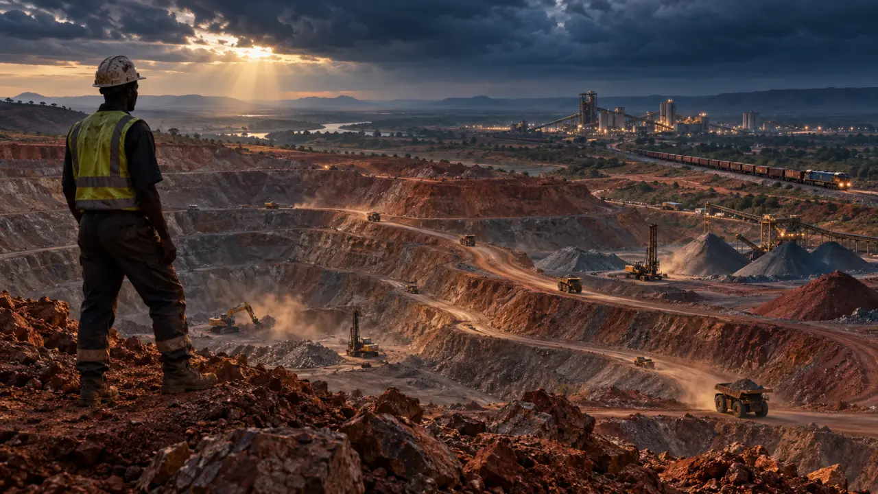 Mine à ciel ouvert et travailleurs dans un paysage africain