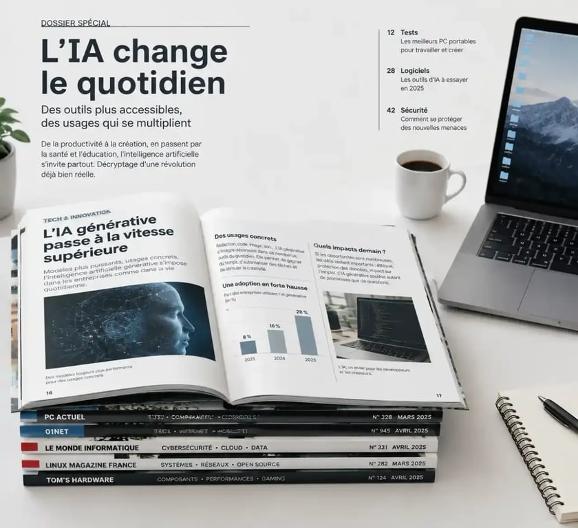 Sélection de magazines informatique papier posés sur un bureau