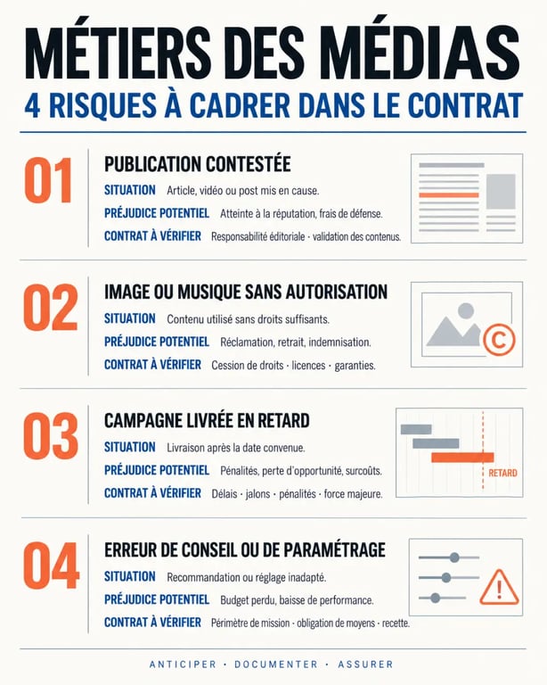 Infographie sur la responsabilité civile professionnelle dans les métiers des médias et les principaux risques à vérifier