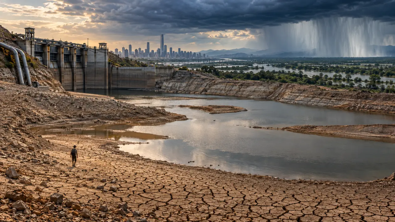 Paysage marqué par la sécheresse et un réservoir d'eau presque asséché