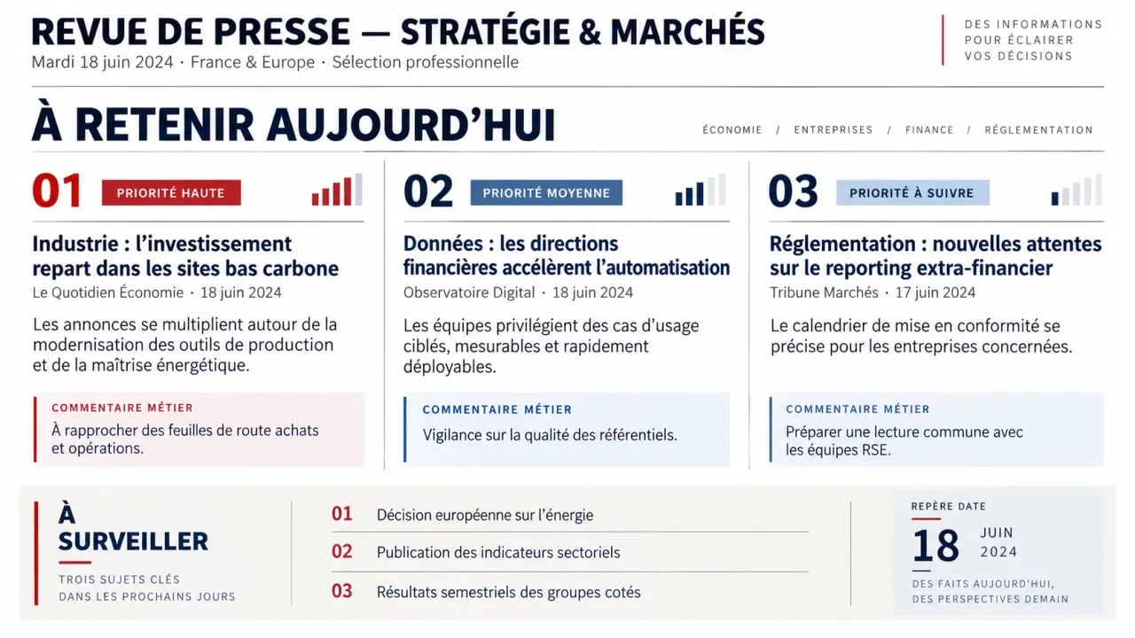 Exemple de revue de presse professionnelle mise en page avec articles, priorités et commentaires