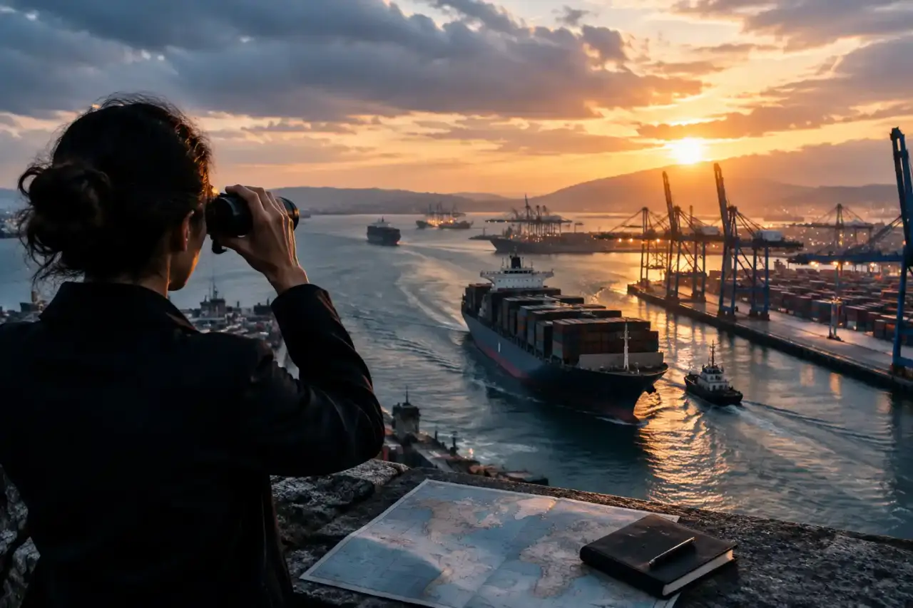 Vue documentaire d’un port stratégique avec des navires, des terminaux et des infrastructures logistiques